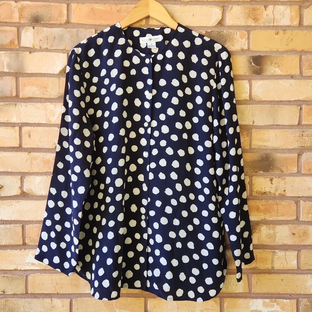 Vintage Saks Fifth Avenue Navy Silk Polka Dot Blouse